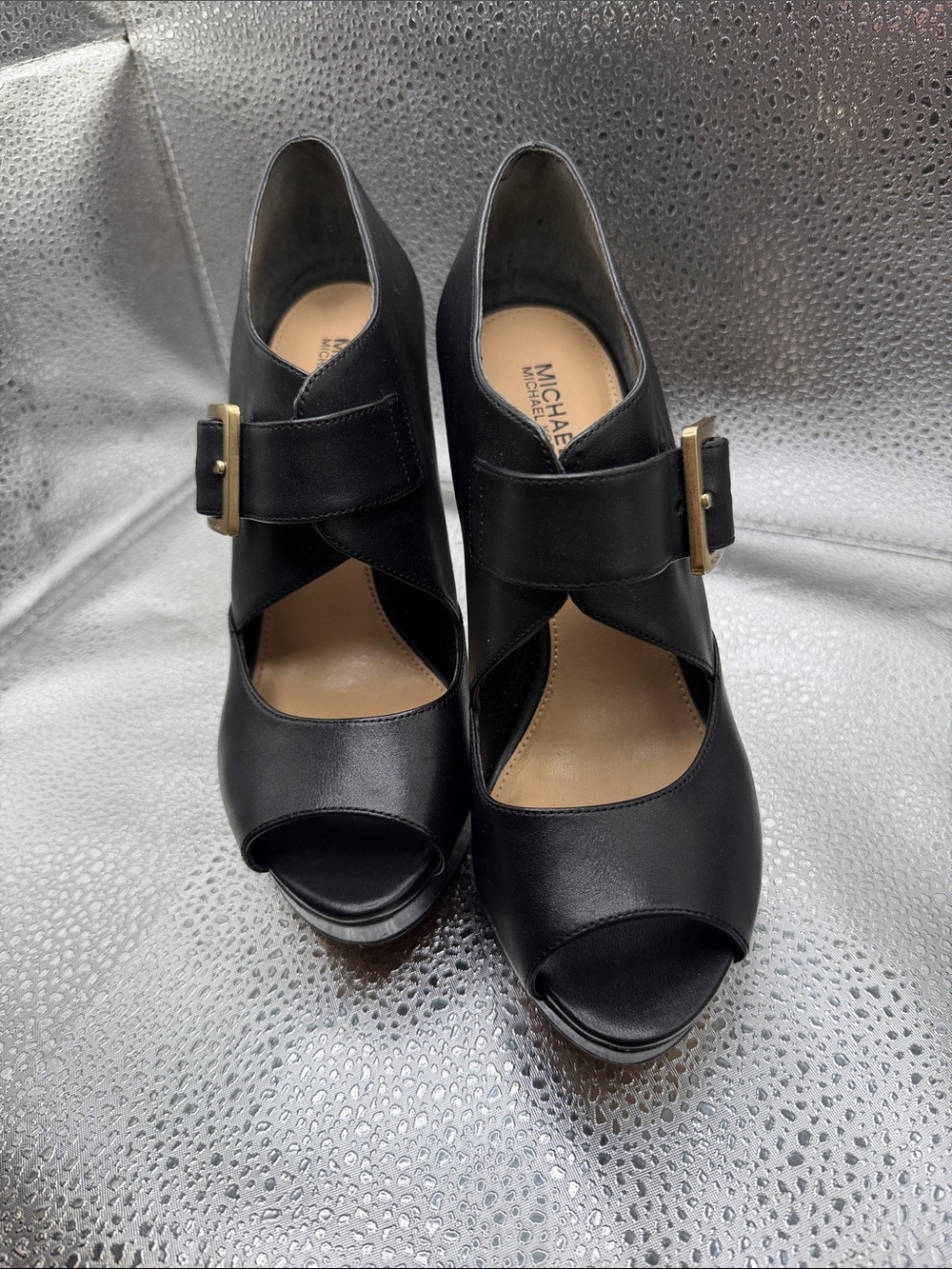Michael Kors Eleni Black Leather Peep-Toe Buckle Platform Heels
